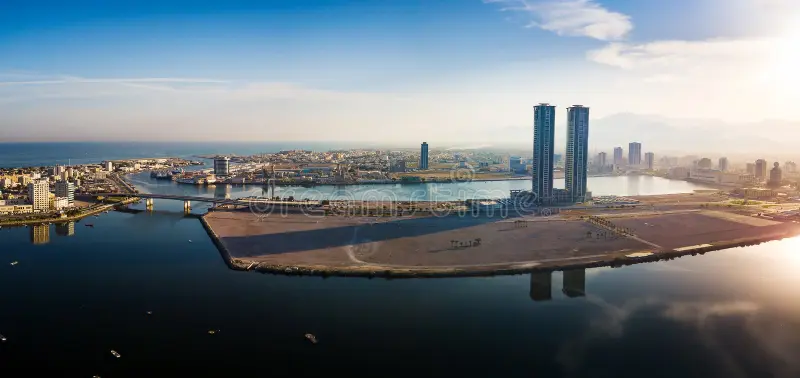 Aerial skyline of Ras Al Khaimah at sunrise